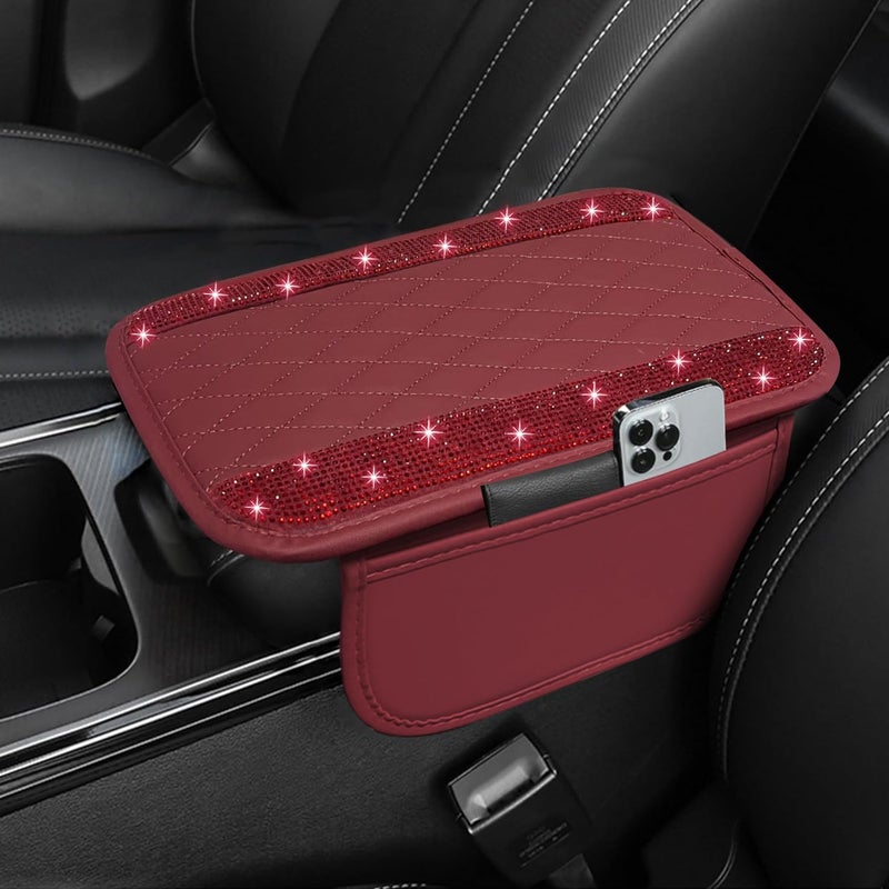 NBTEPEM Bling Burgundy Red Car Center Console Cover, Leather Car Arm Rest Cover with 2 Storage Bags, Universal Auto Armrest Protector Storage Box, Bling Accessories Interior for Most Vehicles - Image 1